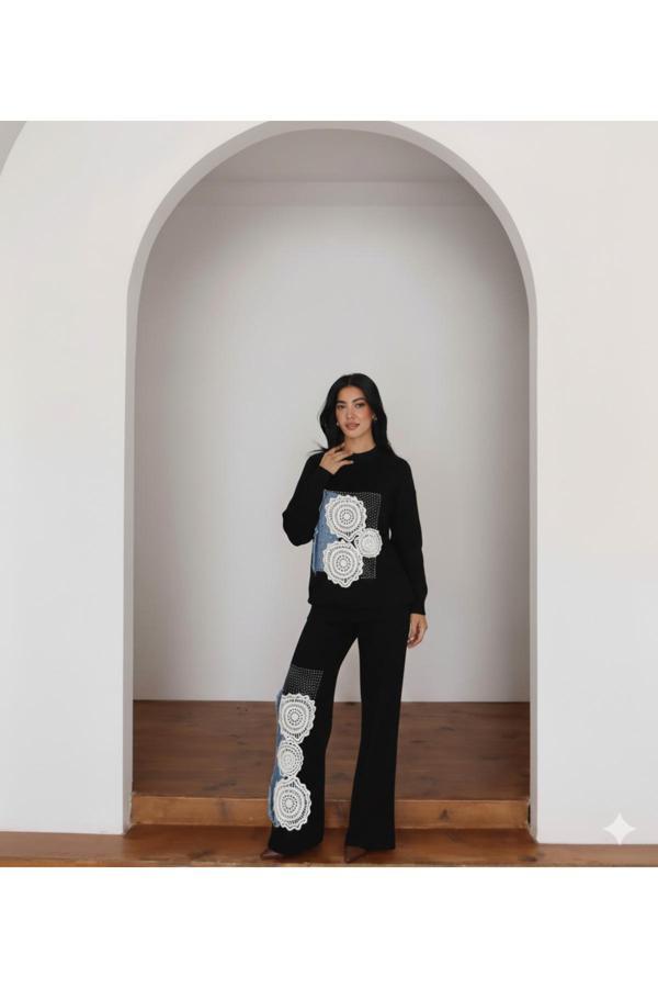 Günlük Moda Kadın Tesettür Triko Tunik Ve Bol Paça Pantolon Alt Üst Takım - Image 1