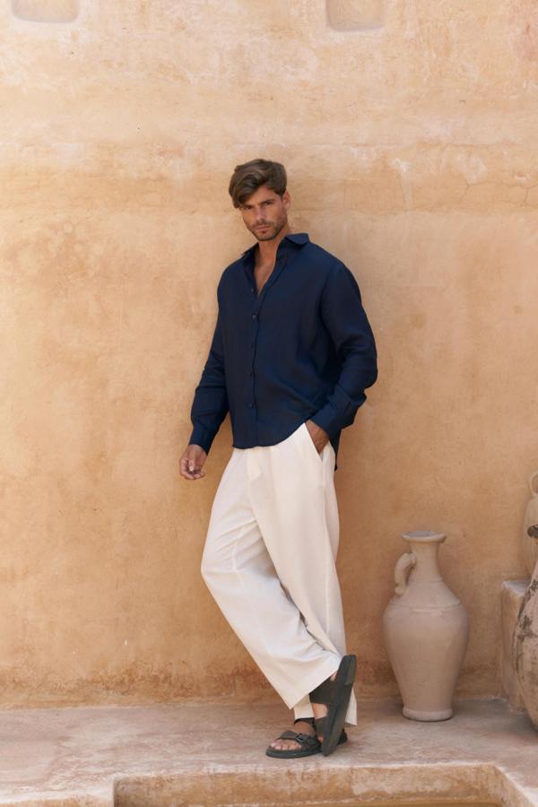 Agnola Oversize Erkek Lacivert Keten Gömlek - Image 1