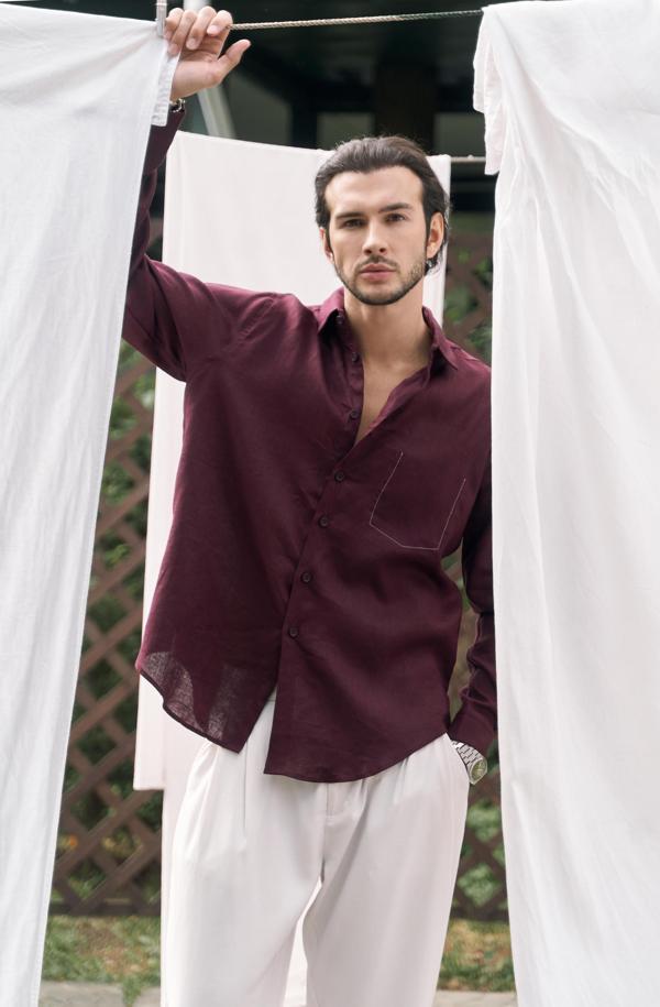 Ombretta Bordo Keten Oversize Erkek Gömlek - Image 1