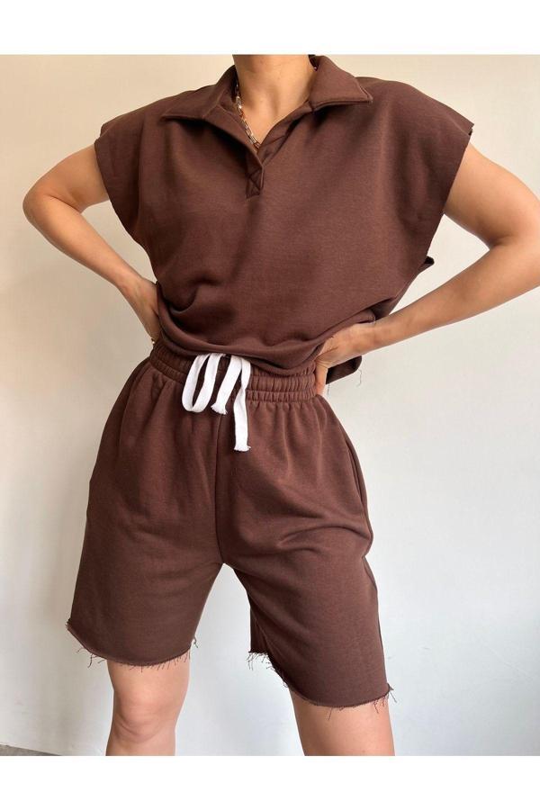 Polo Yaka Kahve Şort Takım - Image 1