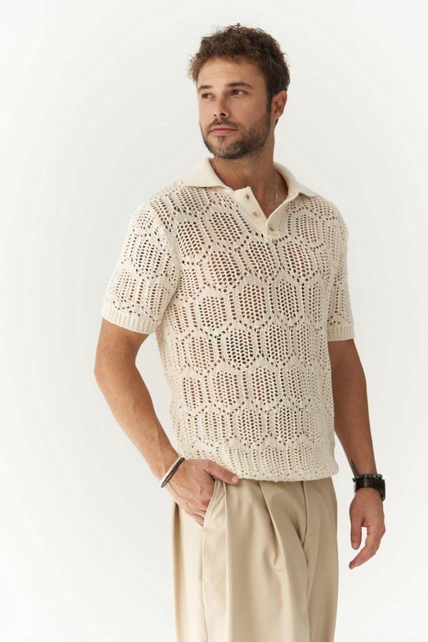 Leonard Erkek Düğme Detay Ekru Triko T-Shirt - Image 1