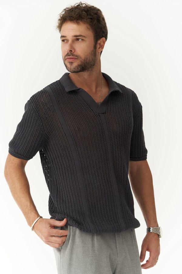 Looke Erkek Çizgi Detay Füme Triko T-shirt - Image 1