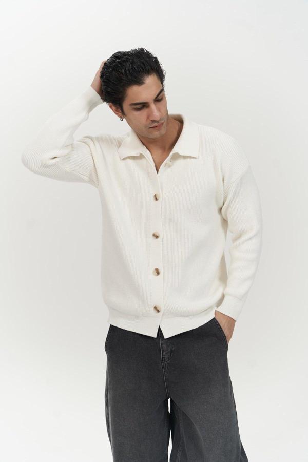 Bastian Düğme Detay Ekru Erkek Triko Hırka - Image 1