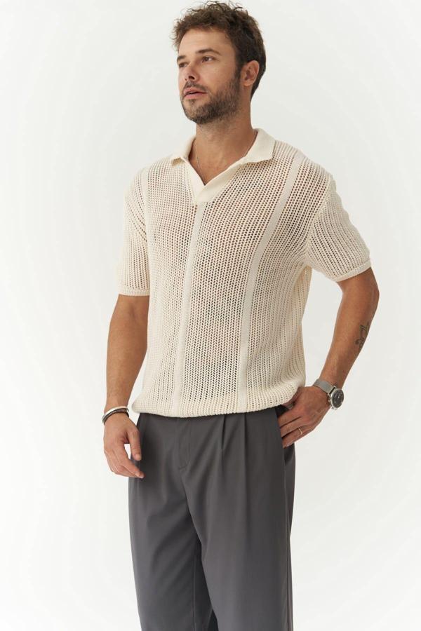 Looke Erkek Çizgi Detay Ekru Triko T-shirt - Image 1