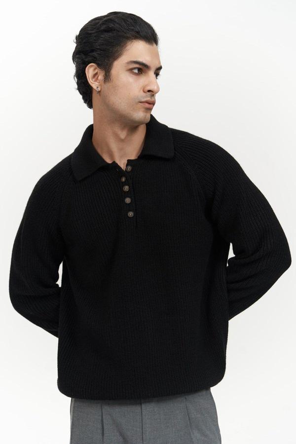 Vander Düğme Detay Siyah Erkek Triko Kazak - Image 1