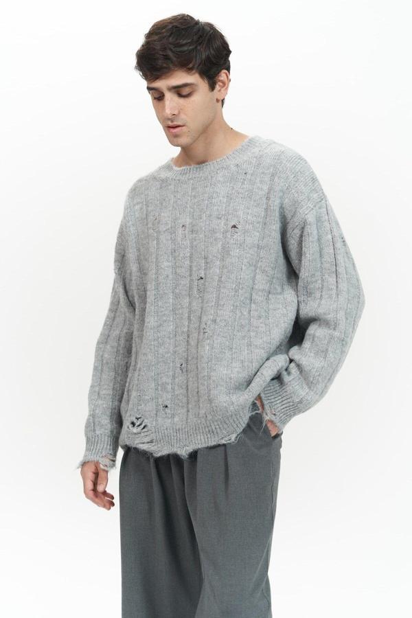 Vincent Yırtık Detay Gri Erkek Triko Kazak - Image 1