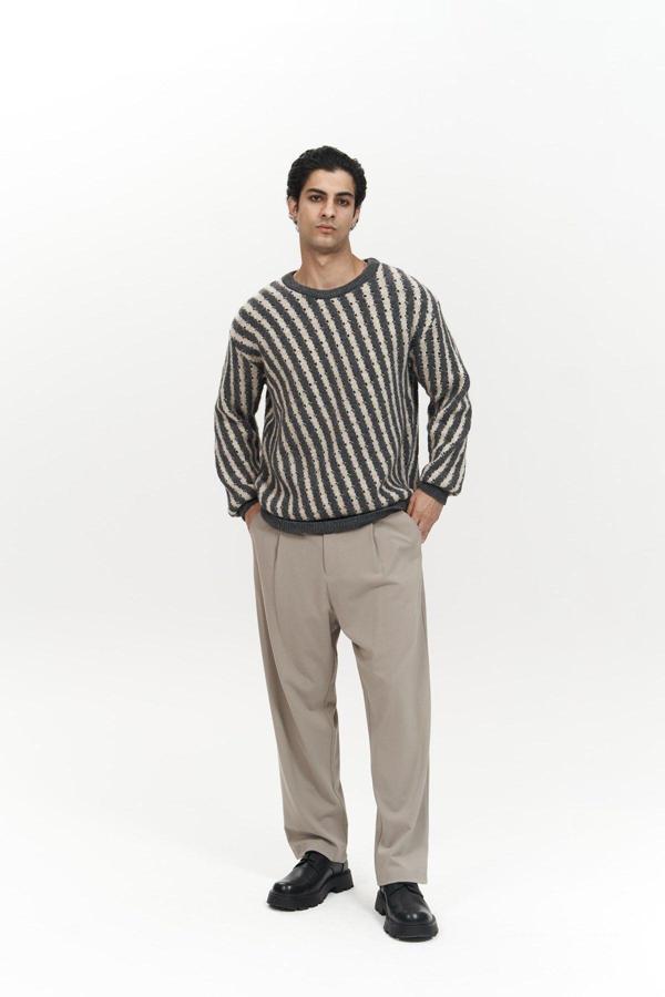 Elijah Şeritli Antrasit Erkek Triko Kazak - Image 1