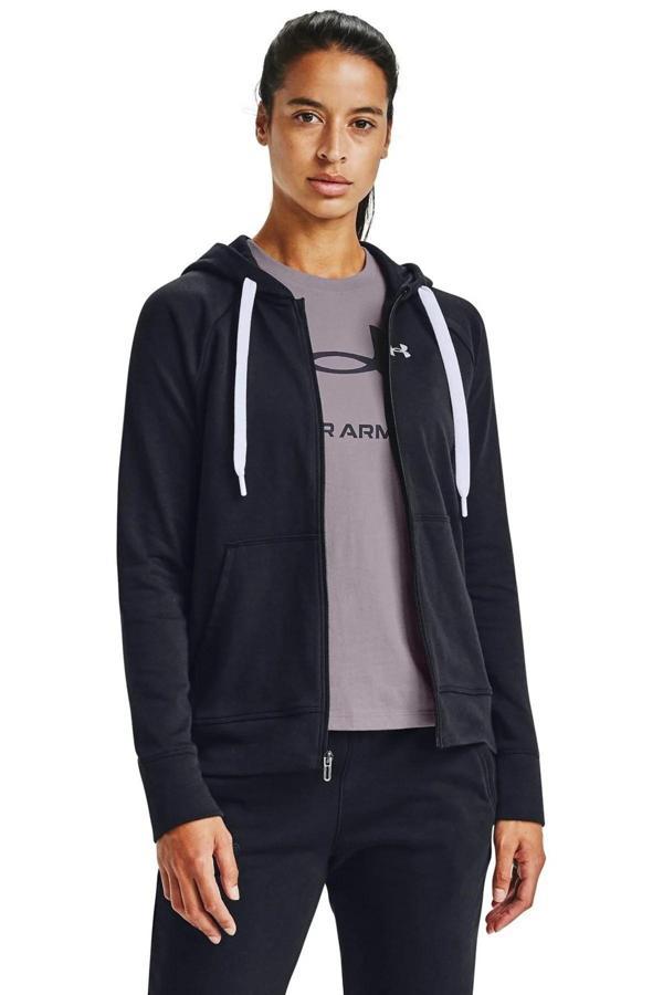 Under Armour Rival Terry Womens Hoodie Kadın Kapüşonlu Tam Boy Fermuarlı Sweatshirt Siyah - Image 1