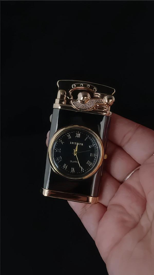 Lüks Gold Siyah Koleksiyonluk Roma Rakamlı Quartz Saatli Jet Alev Çakmak - Image 1