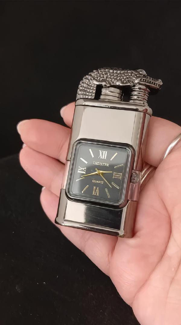 Füme Metal Timsah Başlıklı Saatli Jet Alevli Çakmak - Image 1