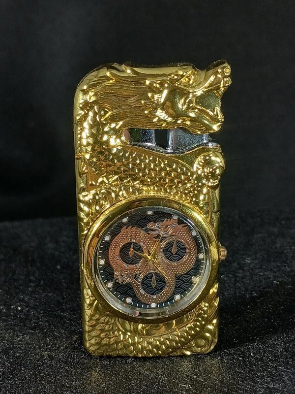 Ejderha Detaylı Işıklı Lüks Gazlı Saatli Çakmak - Image 1