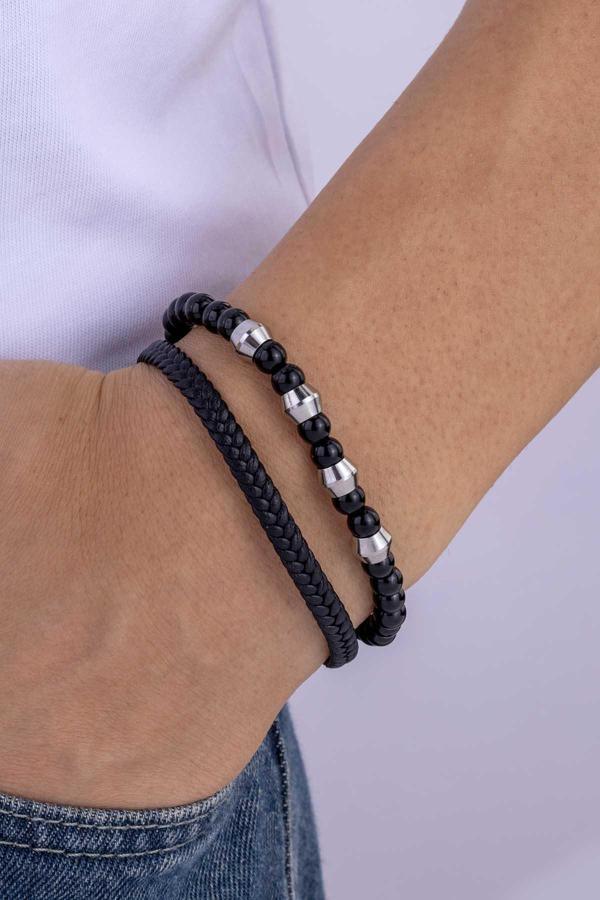 Gümüş Pazarım Oniks Hematit Taşlı Örgü Deri Erkek Deri Bileklik - Image 1