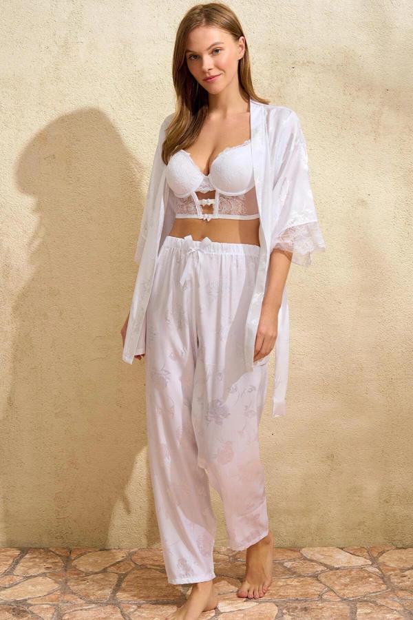 MDB MdbShop Saten Çiçek Desenli Dantelli Sabahlık Balenli Destekli Dolgulu Büstiyer Sütyen ve Pantol - Image 1