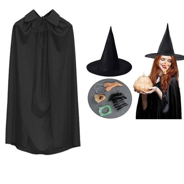 Cadı Kostüm Seti 6 Parça - Şapka Pelerin Diş Tırnaklar Çene ve Burun - Image 1