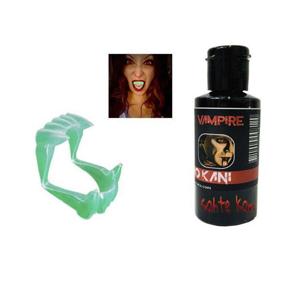 Fosforlu Çift Damak Takma Vampir Dişi ve 50 gr Tiyatro Kanı - Image 1