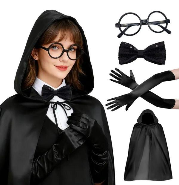 Siyah Kapüşonlu Büyücü ve Cadı Pelerin Kostüm Seti (4 Parça) - Image 1