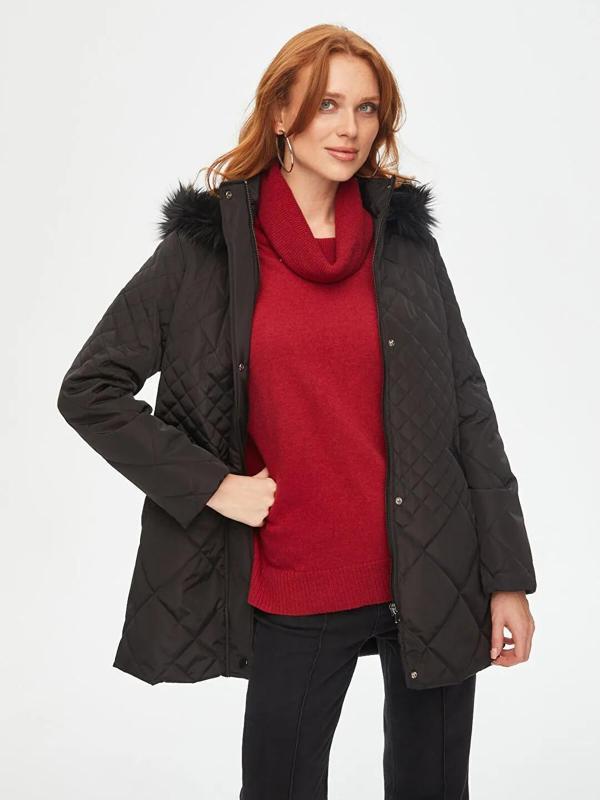 Faik Sönmez Kürk Kapüşonlu Kapitone Kadın Kaban B00041 - Image 1