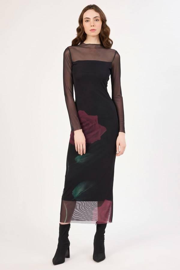 Fever Tül Geçişli Çiçek Desenli Kadın Midi Elbise 352116071 - Image 1