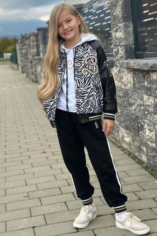 Kız Çocuk V Cool Yazı Baskılı Sweatshirt Zebra ve Gold Şerit Detaylı Deri Eşofman Takım - Image 1
