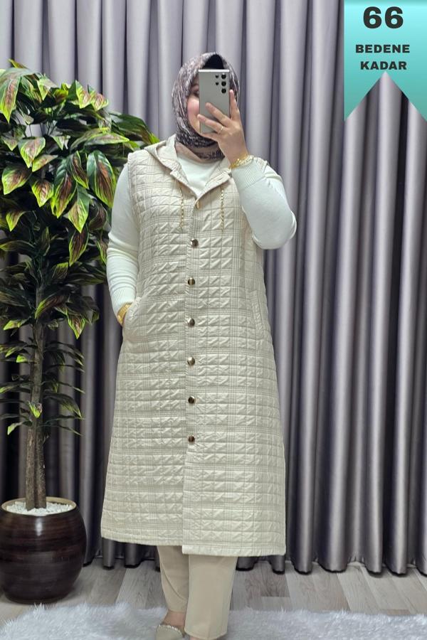 Kadın Giyim Büyük Beden Kapşonlu Astarlı Kare Desen Yelek  - Image 1