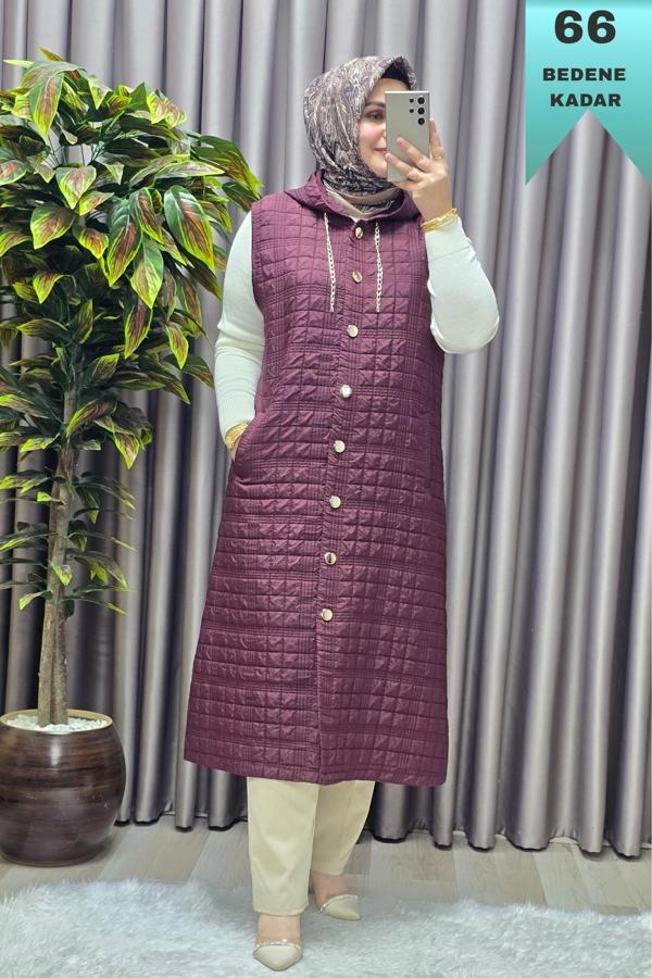 Kadın Giyim Büyük Beden Kapşonlu Astarlı Kare Desen Yelek  - Image 1