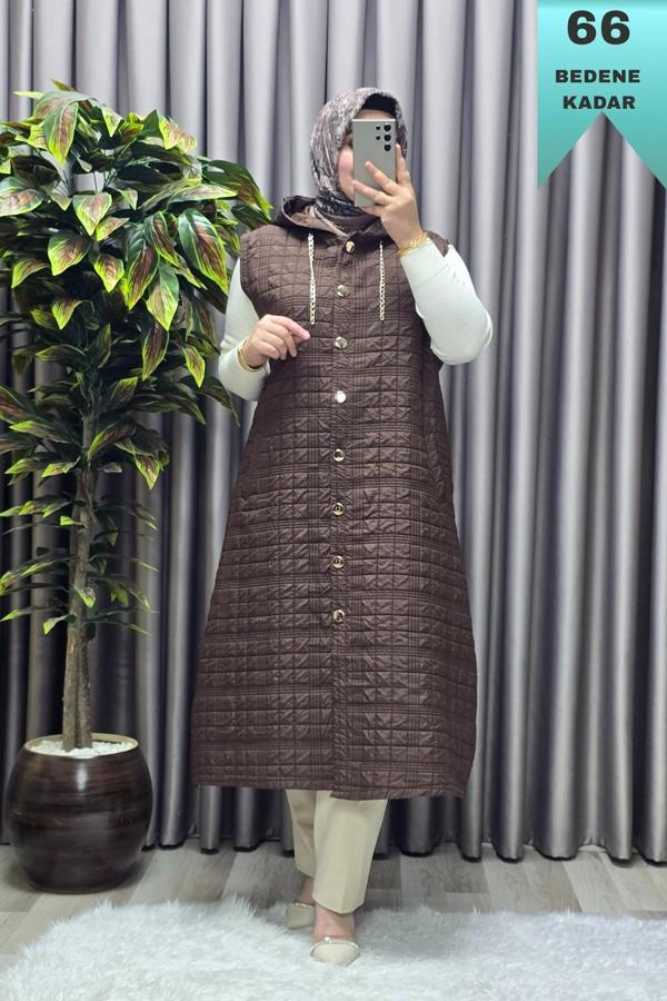 Kadın Giyim Büyük Beden Kapşonlu Astarlı Kare Desen Yelek  - Image 1