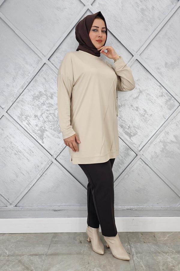 KADIN ÇİÇEKLİ NERVÜR DİKİM DETAYLI TESETTÜR TUNİK - Image 1