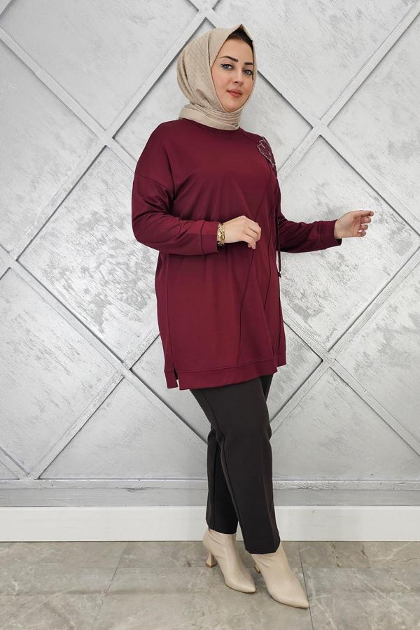 KADIN ÇİÇEKLİ NERVÜR DİKİM DETAYLI TESETTÜR TUNİK - Image 1