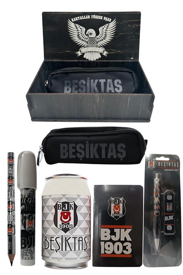 Beşiktaş Lisanslı Beyaz Kutu Kalemtraş Ahşap Kutulu 6Lı Kırtasiye Seti - Image 1