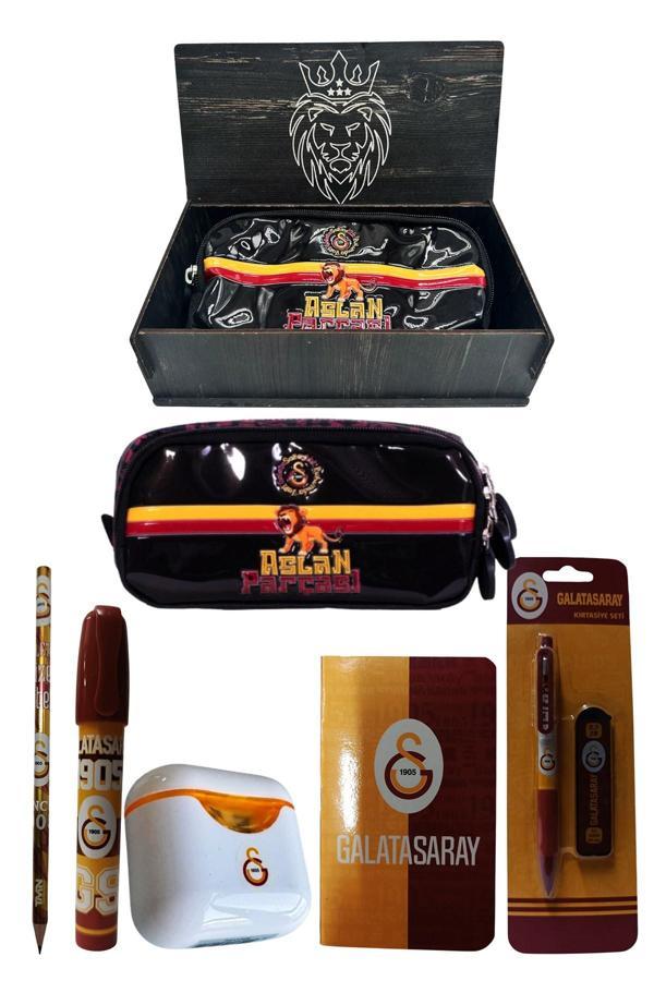 Galatasaray Lisanslı Beyaz Air Kalemtraş Ahşap Kutulu 6Lı Kırtasiye Seti - Image 1