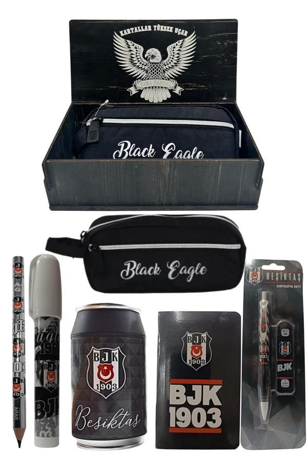 Beşiktaş Lisanslı Siyah Kutu Kalemtraş Ahşap Kutulu 6Lı Kırtasiye Seti - Image 1