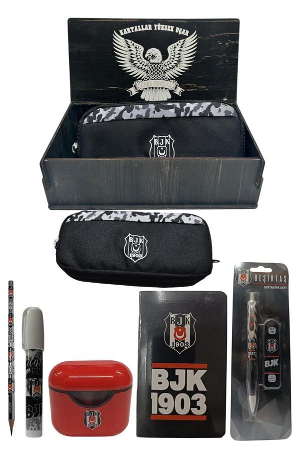 Beşiktaş Lisanslı Beyaz Air Kalemtraş Ahşap Kutulu 6Lı Kırtasiye Seti - Image 1
