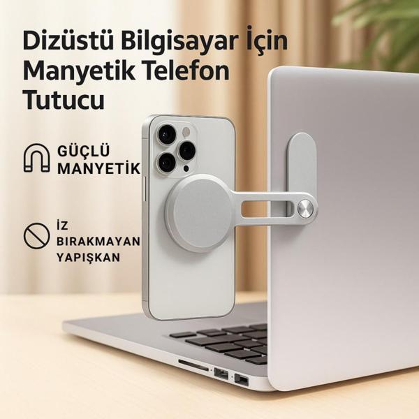 Polham Manyetik Telefon Tutucu | Laptop, Araba Ekranı ve Monitör Uyumlu – Güçlü Mıknatıs, İz Bırakmayan Yapışkan, Katlan - Image 1