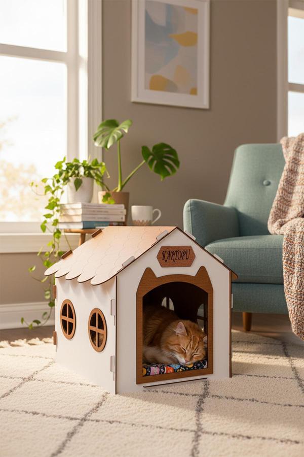 Ahşap Özel İsim Baskılı Dekoratif Kedi Evi-Kulübesi, Kediler İçin Kulübe, Kedi Kulübesi Beyaz-Ceviz - Image 1
