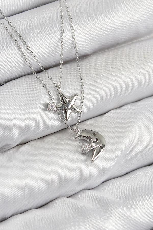 BFS Pirinç Zirkon Taşlı Yıldız Ve Ay Model Gümüş Renk Kadın Kolye - Image 1