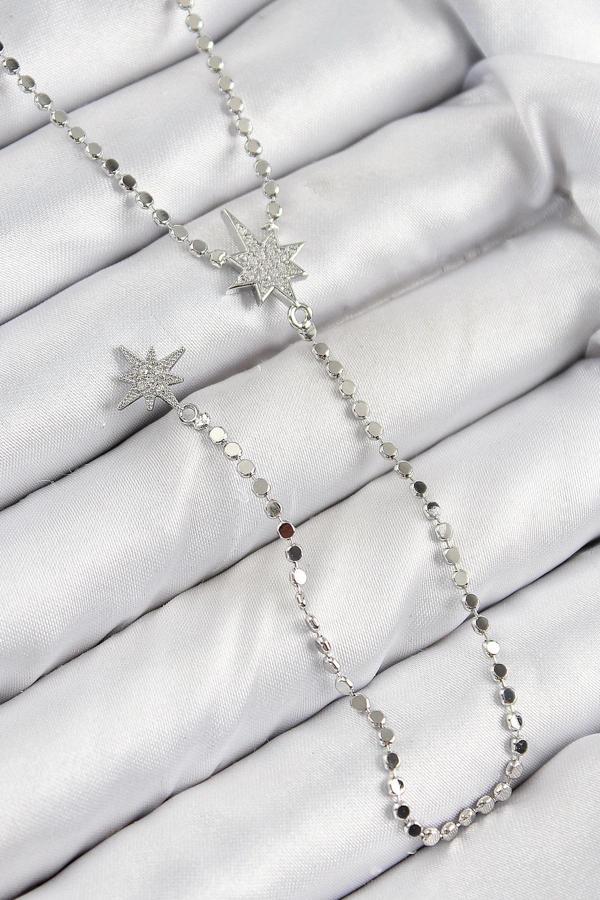 BFS Pirinç Zirkon Taşlı Ezme Zincirli Kutup Yıldızı Model Gümüş Renk Y Kolye - Image 1