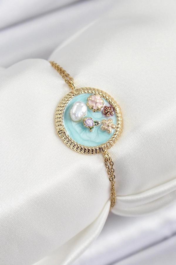 BFS 316L Çelik Zincir Turkuaz Mineli Sanatsal Portre İnci Detaylı Çiçek Model Gold Renk Kadın Bilekl - Image 1