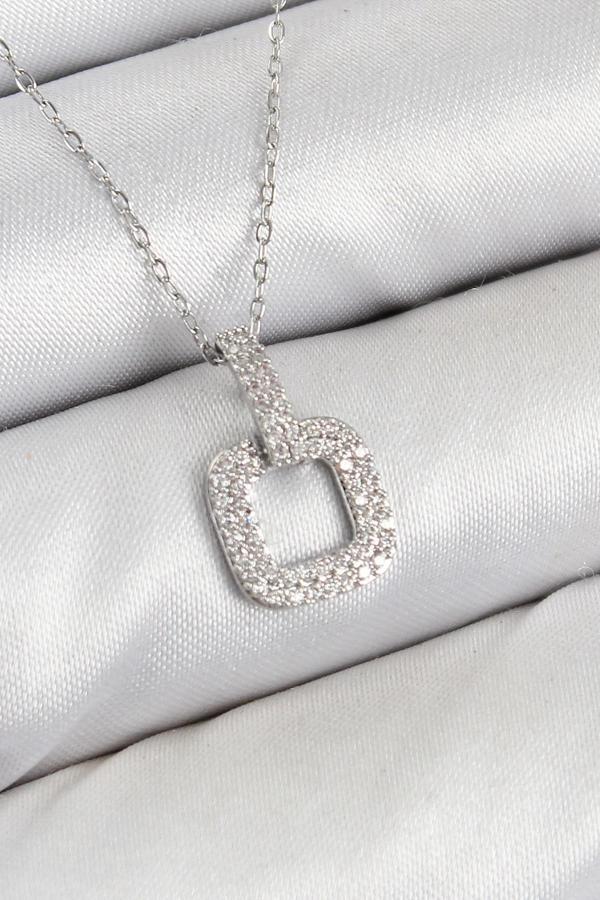 BFS Pirinç Zirkon Taşlı Kare Model Gümüş Renk Kadın Kolye - Image 1