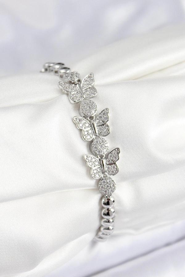 BFS Pirinç Zirkon Taşlı Kelebek Model Gümüş Renk Kadın Bileklik - Image 1