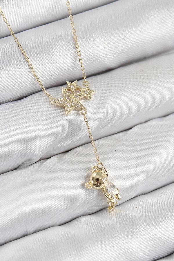 BFS Pirinç Zirkon Taşlı Sallantılı Ayıcıklı Yıldız Model Gold Renk Kadın Kolye - Image 1
