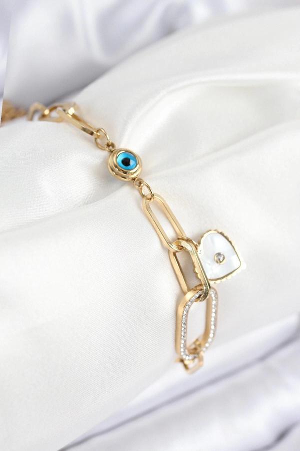 BFS 316L Çelik Nazar Boncuğu Ve Zirkon Taşlı Kalp Model Gold Renk Kadın Bileklik - Image 1