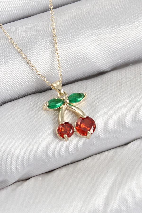 BFS Pirinç Zirkon Taşlı Kiraz Model Gold Renk Kadın Kolye - Image 1