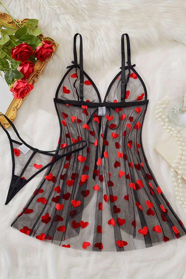 Kalp Desenli Siyah Transparan Gecelik Brf1378 - Image 1