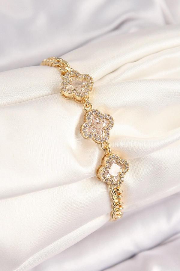 BFS Pirinç Zirkon Taşlı Yonca Model Gold Renk Kadın Bileklik - Image 1