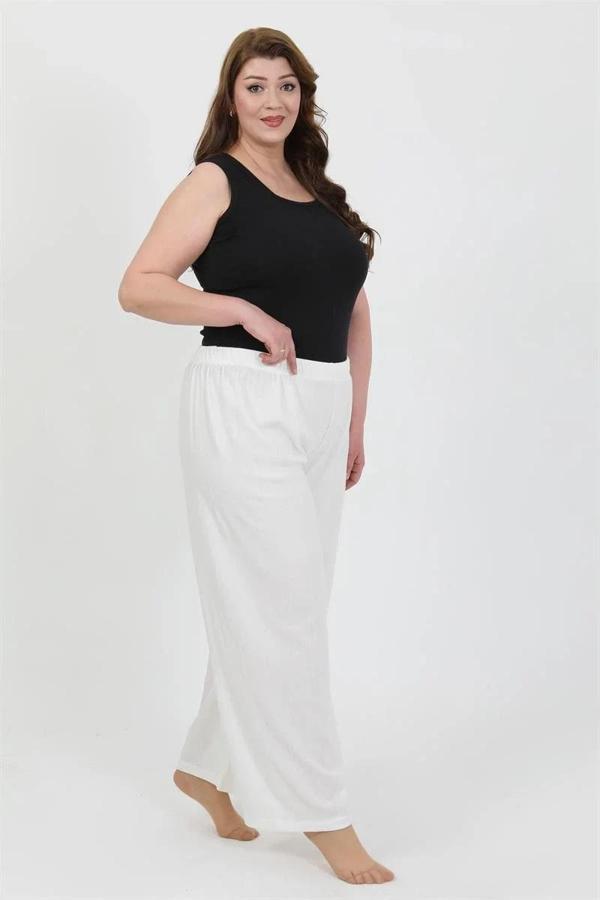 Kadın Büyük Beden Bürümcük Pantolon Beyaz - Image 1