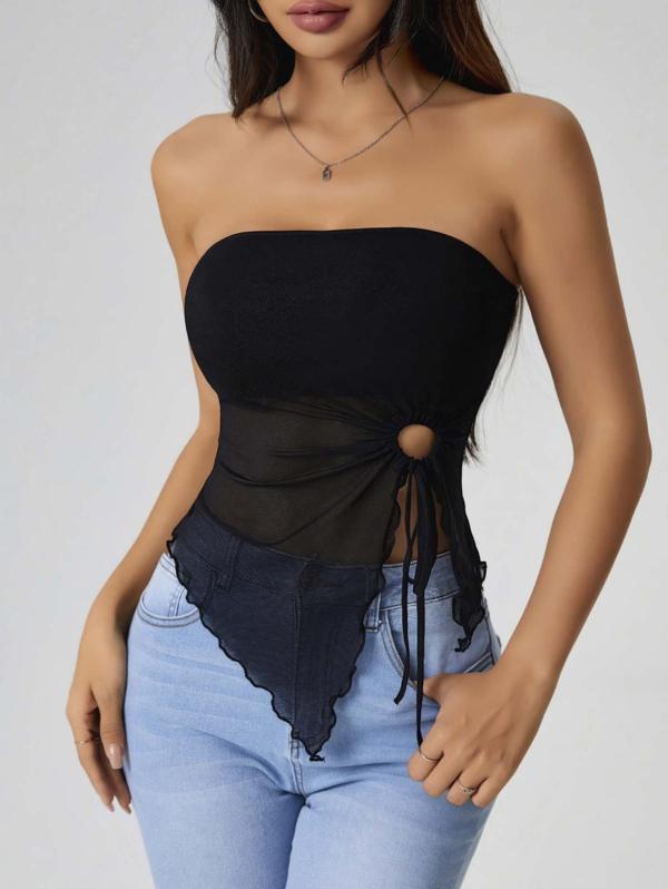 Kadın Siyah Crop Önden Halka Büzgü Detaylı 5094 - Image 1