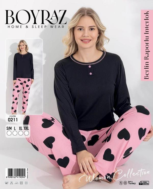 Boyraz 0211 Kadın Raporlu Uzun Kol Pijama Takımı - Image 1