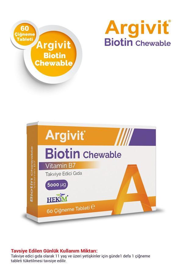 Argivit Biotin Chewable (B7 Vtitamini) İçeren Takviye Edici Gıda 60 Çiğneme Tableti - Image 1