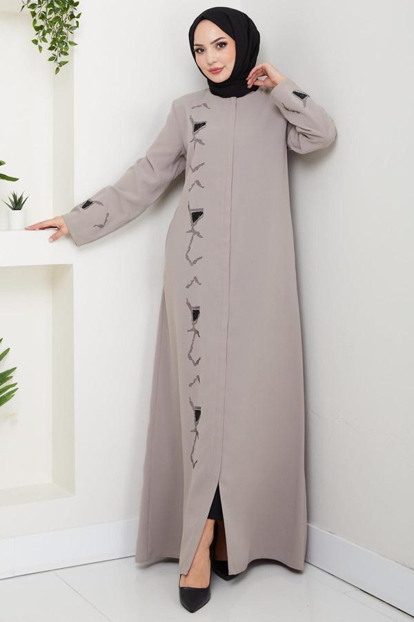 Gizli Patlı Taşlı Ferace Bej HM2851 - Image 1