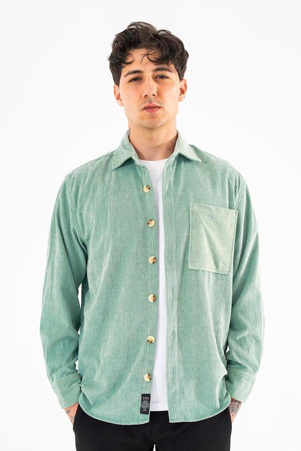 Erkek Fitilli Kadife Gömlek Su Yeşili Rahat Kesim Tek cepli - Image 1